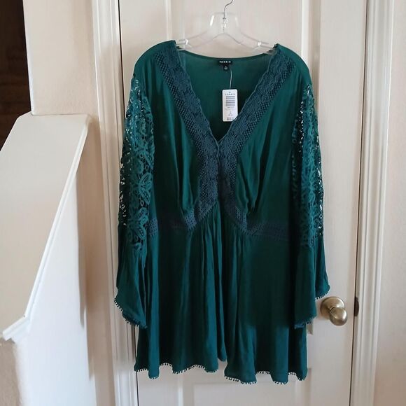 Torrid Green Babydoll Crinkle Gauze V-Neck Blouse Lace Bell Sleeves 3 Fairy Boho - Picture 3 of 7